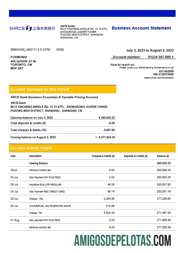 Em branco Shanghai Rural Commercial Bank Enterprise Statement modelo Word e PDF